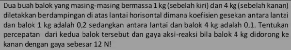 Dua buah balok yang masing-masing bermassa 1 kg (sebelah kiri)) dan 4 kg (sebelah kanan) diletakkan berdampingan di atas lantai horisontal dimana koefisien gesekan