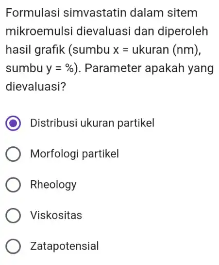 Formulasi simvastatin dalam sitem mikroemulsi dievaluasi dan diperoleh hasil grafik (sumbux=ukuran(nm) sumbu y=% ). Parameter apakah yang dievaluasi? ) Distribusi ukuran partikel Morfologi partikel