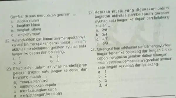 Gambar di atas merupakan gerakan __ a. langkah lurus b. langkah biasa a. langkah silang d. langkah rapat 22. Melangkahkan kak kanan dan merapatkannya