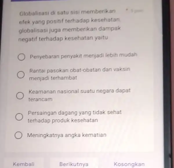 Globalisasi di satu sisi memberikan efek yang positif terhadap kesehatan, globalisasi juga memberikan dampak negatif terhadap kesehatan yaitu Penyebaran penyakit menjadi lebih mudah Rantai