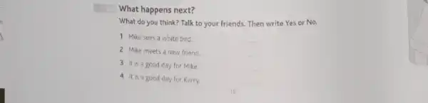 What happens next? What do you think?Talk to your friends Then write Yes or No. 1 Mike sees a white bird. 2 Mike meets