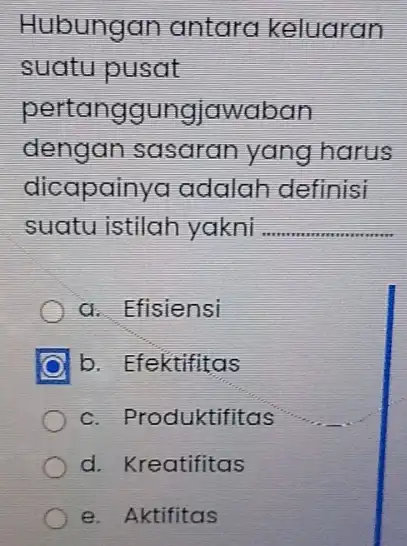 Hubungan antara keluaran suatu pusat pertanggungjawaban dengan sasaran yang harus dicapainya adalah definisi suatu istilah yakni __ a. Efisiensi b. Efektifitas c. Produktifitas d.