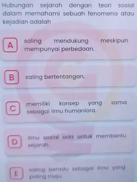 Hubungan sejarah dengan teori sosial dalam memahami sebuah fenomena atau kejadian adalah A saling mendukung meskipun A mempunyai perbedaan. B saling bertentangan. C memiliki