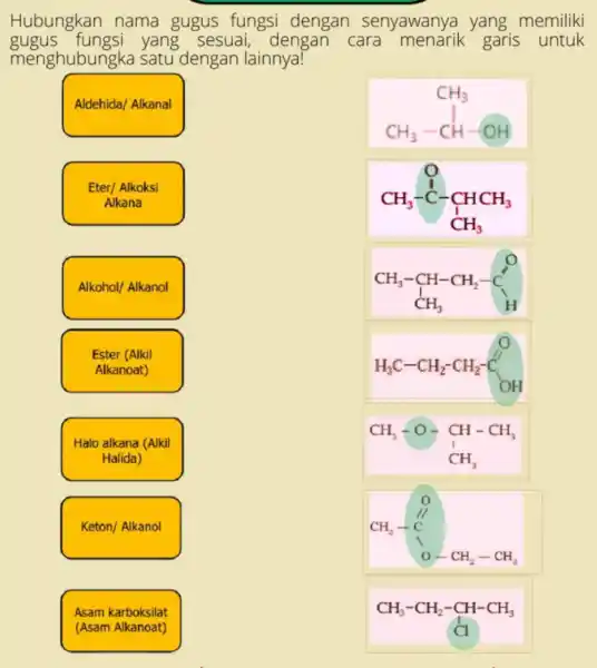 Hubungkan nama gugus fungsi dengan senyawanya yang memiliki menghubungka satu dengan lainnya! gugus fungsi yang sesuai,dengan cara menarik garis untuk CH_(3)-CH_(3) underset (CH_(3))(C)Hunderset (C)(CHCH_(3))