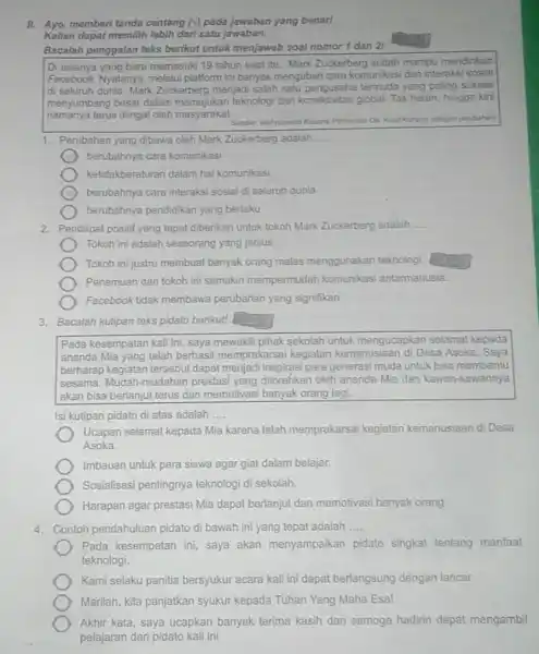 II. Ayo, memberi tanda centang (V) pada jawaban yang benarl Kallan dapat memilih lebih dari satu jawaban. Bacalah penggalan teks berikut untuk menjawab soal