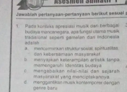 Jawablah pertanyaan -pertanyaan berikut sesuai Pada konteks apresias musik dari berbagal budaya mancanegara, apa fungsi utama musik tradisional seperti gamelan dari Indonesia adalah __