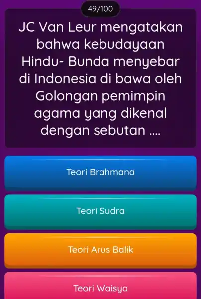 JC Van Leur mengatakan bahwa kebudayaan Hindu-Bunda menyebar di Indonesia di bawa oleh Golongan pemimpin agama yang dikenal dengan sebutan __ Teori Brahmana Teori