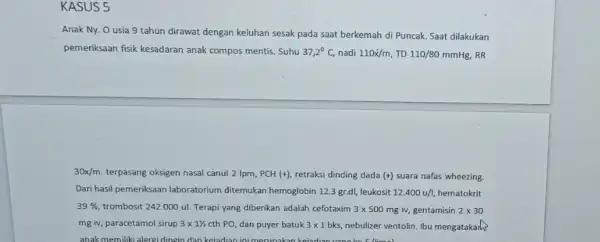 KASUS 5 Anak Ny. O usia 9 tahun dirawat dengan keluhan sesak pada saat berkemah di Puncak. Saat dilakukan pemeriksaan fisik kesadaran anak compos