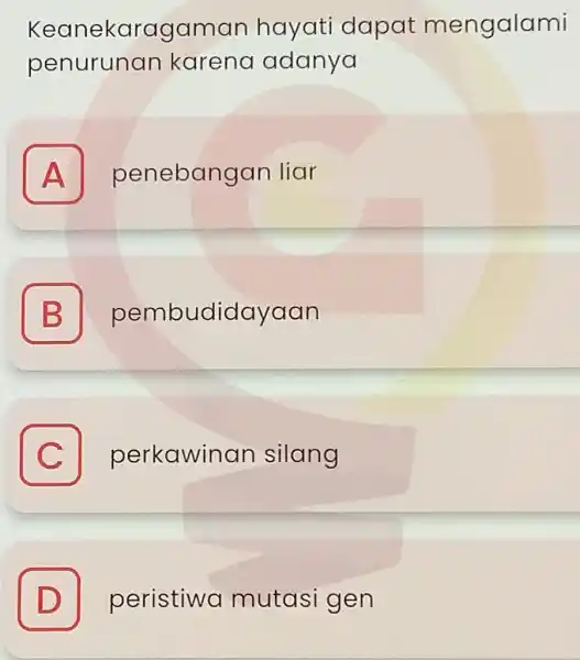 Keanekaragaman hayati dapat mengalami penurunan karena adanya A penebangan liar A B pembudidayaan C perkawinan silang D peristiwa mutas i gen