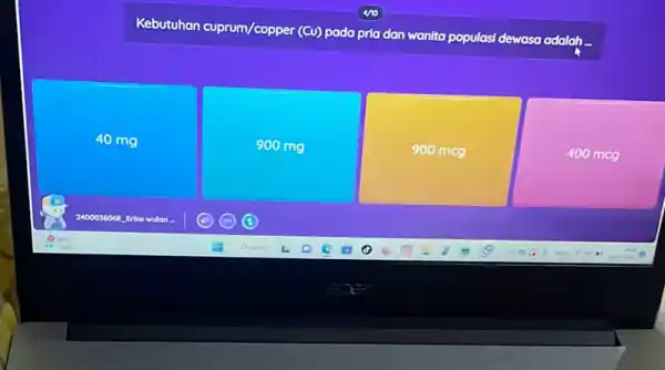 Kebutuhan cuprum/copper (Cu)pada pria dan wanita populasi dewasa adalah 40 mg 900 mg 900 mcg 400 mcg