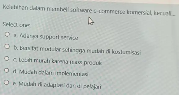 Kelebihan dalam membel software e-commerce komersial, kecuali __ Select one: a. Adanya support service b. Bersifat modular sehingga mudah di kostumisasi c. Lebih murah