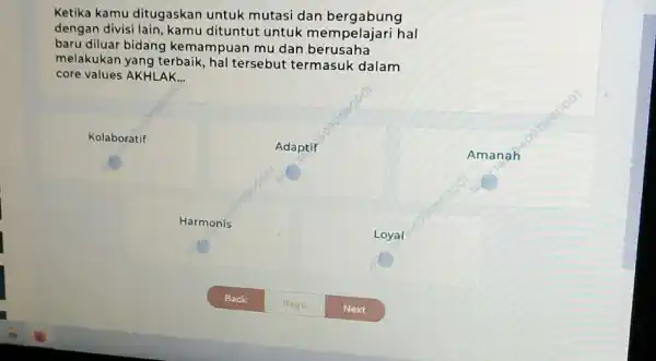 Ketika kamu ditugaskan untuk mutasi dan bergabung dengan divisi lain, kamu dituntut untuk mempelajari hal baru diluar bidang kemampuan mu dan berusaha melakukan yang