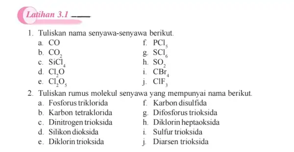 ( Latihan 3.1 __ 1. Tuliskan nama senyawa-senyawa berikut. a. CO f. PCl_(5) b. CO_(2) g. SCl_(6) c. SiCl_(4) h. SO_(2) d. Cl_(2)O i.