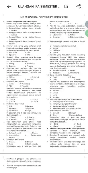 LATIHAN SOAL SISTEM PERNAPASAN DAN SISTEM EKSKRESI A. Pilihlah satu jawaban yang paling tepat! 1. Urutan yang benar tentang jalannya udara pernapasan dari luar