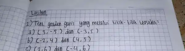 Latihan 1) Tent graden garis yang melalui titik-titik tersebut! a) (3,-5) dan (-3,5) b) (-2,4) dan (4,5) c) (2,6) dan (-4,6)