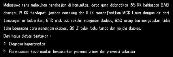 Mahasiswa ners melakukan pengkajian di komunitas, data yang didapatkan 185 KK kebiasaan BAB disungai, 19 KK terdapat jamban cemplung dan II KK memanfaatkan MCK