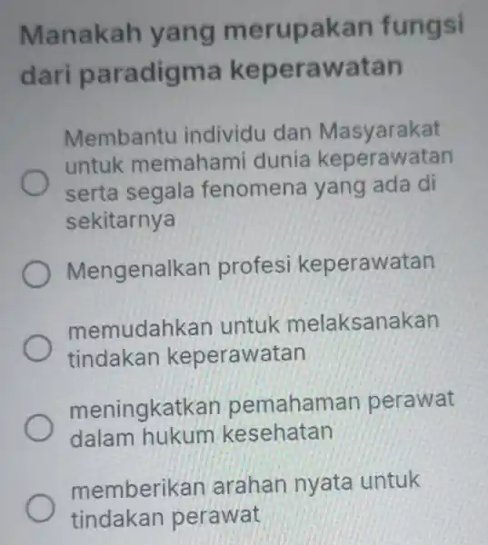 Manakah yang merupakan fungsi dari paradigma keperawatan Membantu individu dan Masyarakat untuk memahami dunia keperawatan serta segala fenomena yang ada di sekitarnya Mengenalkan profesi