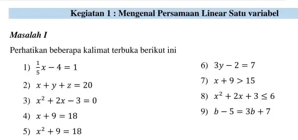 Masalah I Kegiatan 1:Mengenal Persamaan Linear Satu variabel Perhatikan beberapa kalimat terbuka berikut ini 1) (1)/(5)x-4=1 2) x+y+z=20 3) x^2+2x-3=0 4) x+9=18 5) x^2+9=18