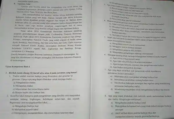 masyarakat adalah jamu. 8. Upacara Adat Upacara adat bersifat sakral dan mengandung nilai moral dalam tiap rangkaian kegiatannya.Beberapa contoh upacara adat yaitu Ngaben. Grebeg