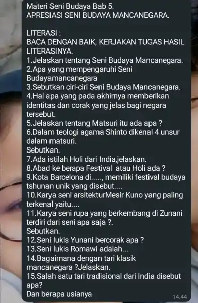 Materi Seni Budaya Bab 5. APRESIASI SENI BUDAYA MANCANEGARA. LITERASI : BACA DENGAN BAIK, KERJAKAN TUGAS HASIL LITERASINYA. 1.Jelaskan tentang Seni Budaya Mancanegara 2.Apa