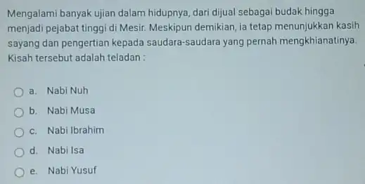 Mengalami banyak ujian dalam hidupnya, dari dijual sebagai budak hingga menjadi pejabat tinggi di Mesir. Meskipun demikian, ia tetap menunjukkan kasih sayang dan pengertian