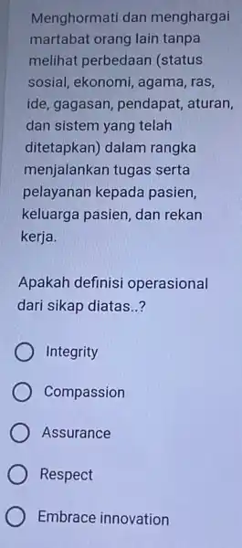 Menghormati dan menghargai martabat orang lain tanpa melihat perbedaan (status sosial, ekonomi agama, ras, ide, gagasan , pendapat, aturan, dan sistem yang telah ditetapkan)