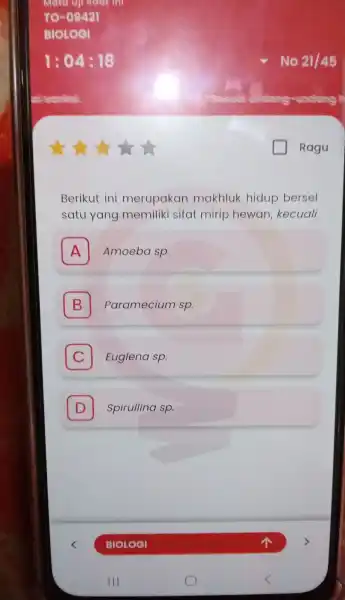 Meter o rodarth 1:0418 Berikut ini merupakan makhluk hidup bersel satu yang memilik i sifat mirip hewan kecuali A Amoeba sp. A B Paramecium