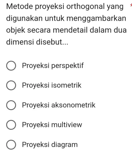 Metode proyeksi orthogonal yang digunakan untuk menggambarkan objek secara mendetail I dalam dua dimensi disebut. __ Proyeksi perspektif Proyeksi isometrik Proyeksi aksonometrik Proyeksi multiview