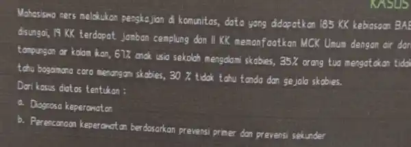 Mohosiswa ners melakukan pengkojian di konunitas, data yang didapatkan 185 KK kebiasaan BAE disungai, 19 KK terdapat jamban cemplung don II KK memonfaatkan MCK