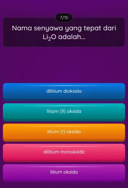 Nama senyawa yang tepat dari Li_(2)O adalah __ dilitium dioksida litium (11) oksida litium (I) oksida dilitium monoksida litium oksida