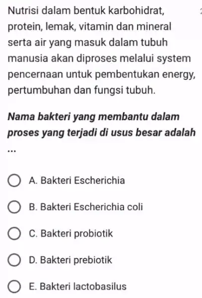 Nutrisi dalam bentuk karbohidrat, protein, lemak vitamin dan mineral serta air yang masuk dalam tubuh manusia akan diproses melalui system pencernaan untuk pembentukan energy,