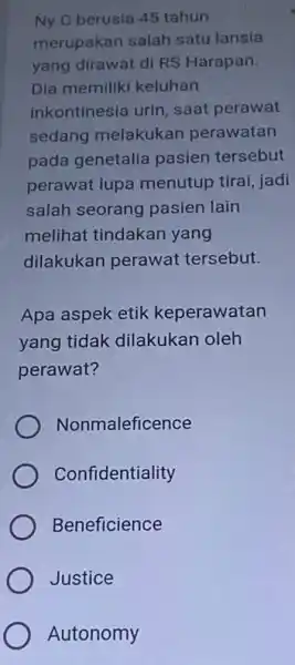 Ny C berusia 45 tahun merupakan salah satu lansia yang dirawat di RS Harapan. Dia memiliki keluhan inkontinesia urin, saat perawat sedang melakukan perawatan