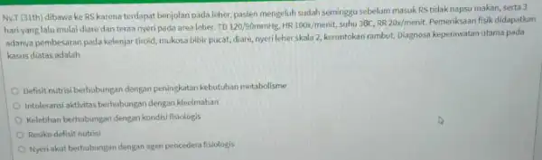 Ny.I (31th) dibawake RS karena terdapat benjolan pada leher, pasien mengeluh sudah seminggusebelum masuk RStidaknapsu makan, serta 3 hari yang lalu mulai diare danteraa