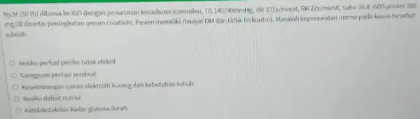 Ny.M (50 th) dibawa ke IGD dengan penurunan kesadaran somnoleri, 10140/90mmHg,HR101times /menit,RR2Zx/menit, suhu 36.8. GDS pasien 380 mg/dl disertai peningkatan ureum creatinin. Pasien memiliki