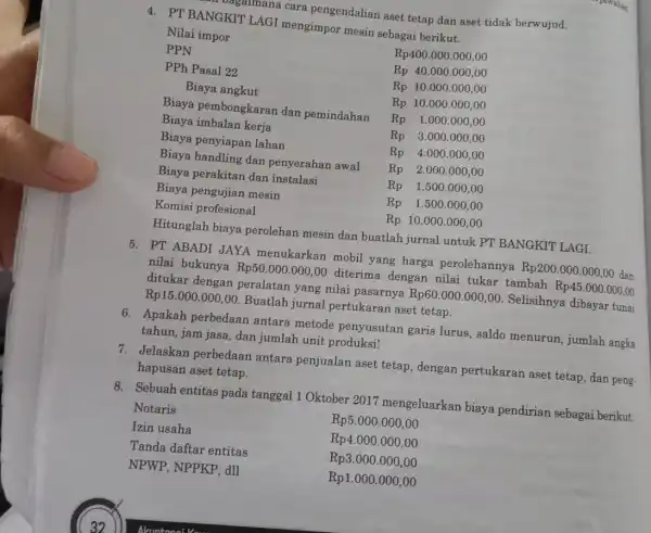 orgamana cara pengendalian aset tetap dan aset tidak berwujud. 4. PT BANGKIT LAGI mengimpor mesin sebagai berikut. Nilai impor Rp400.000.000,00 PPN Rp40.000.000,00 PPh Pasal