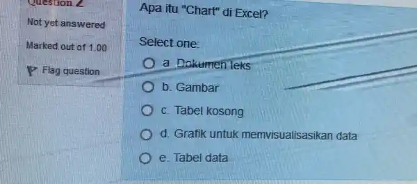 P Flag question Apa itu "Chart"di Excel? Select one: a Dokumen teks b. Gambar c. Tabel kosong d. Grafik untuk memvisualisasikan data e. Tabel