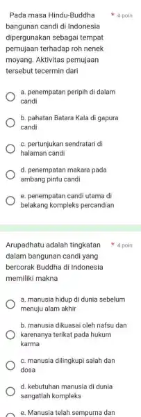 Pada masa Hindu-Buddha bangunan candi di Indonesia dipergunakan sebagai tempat pemujaan terhadap roh nenek moyang. Aktivitas pemujaan tersebut tecermin dari a. penempatan peripih di