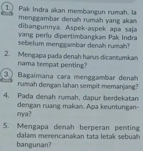 Pak Indra akan membangun rumah . la menggambar denah rumah yang akan dibangunnya Aspek-aspek apa saja yang perlu dipertimbangkan Pak Indra sebelum menggambar denah