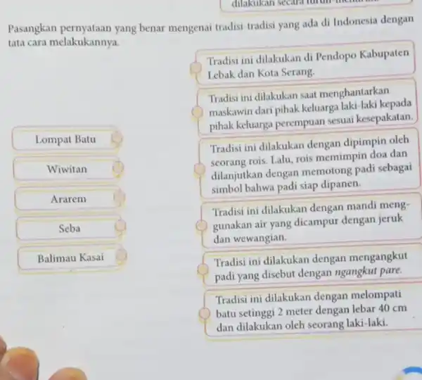 Pasangkan pernyataan yang benar mengenai tradisi-tradisi yang ada di Indonesia dengan tata cara melakukannya. Lompat Batu Wiwitan Ararem Seba Balimau Kasai Tradisi ini dilakukan