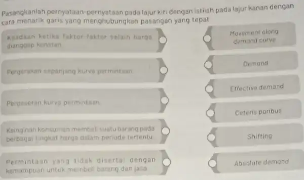 Pasangkanlah pernyataan pernyataan pada lajur kiri dengan istilah pada lajur kanan dengan cara menarik garis yang menghubungkan pasangan yang tepat Keadaan ketika faktor-faktor selain