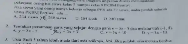 pekerjaan orang tua siswa kelas 7 sampai kelas 9 PKBM Pertiwi Diagram lingkaran di atas menunjukkan Jika siswa yang orang tuanya bekerja sebagai PNS