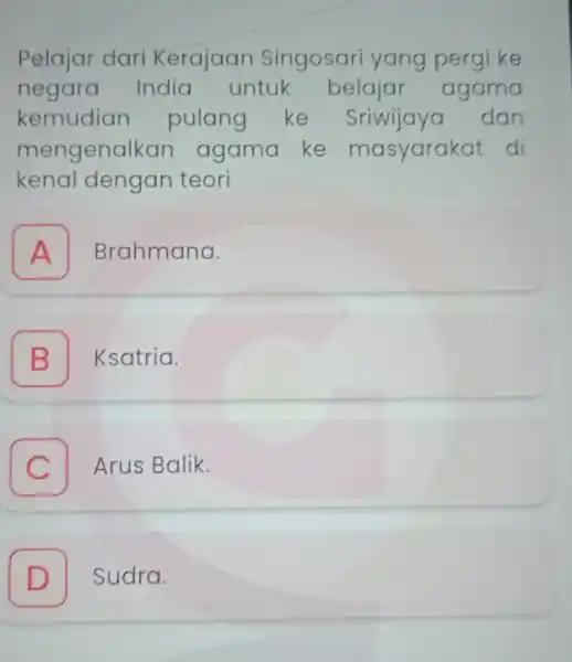 Pelajar dari Kerajaan Singosari yang pergi ke negara India untuk belajar agama kemudian pulang ke Sriwijaya dan mengenalkan agama ke masyarakat di kenal dengan