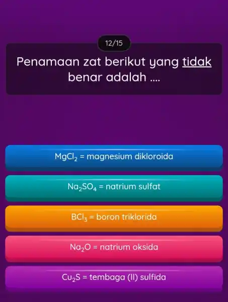 Penamaan zat berikut yang tidak benar adalah __ MgCl_(2)=magnesium dikloroida Na_(2)SO_(4)=natrivm sulfat BCl_(3)=boron triklorida Na_(2)O=natrivm oksida Cu_(2)S=tembaga (II) sulfida