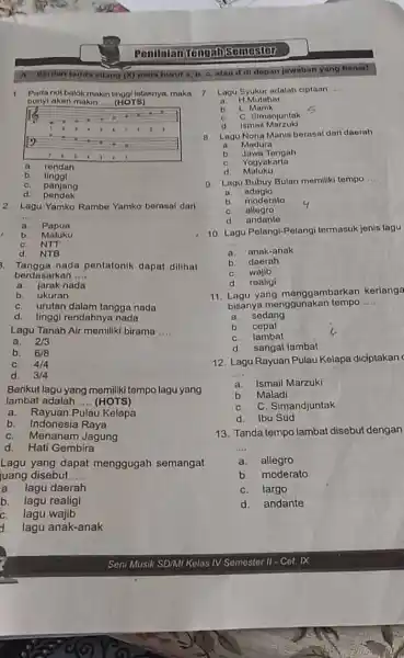 Penilaian Tengah Semester A. Beritah tanda silang (X) pada hurut a, b, c, atau d di depan jawaban yang benar! 1. Pada not balok