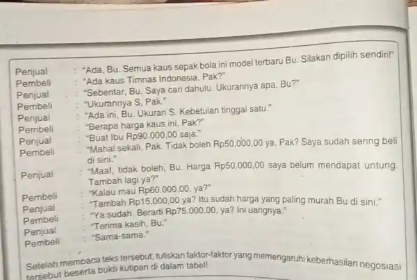 Penjual "Ada, Bu. Semua kaus sepak bola ini mode terbaru Bu. Silakan dipilih sendiri!" Pembeli "Ada kaus Timnas Indonesia, Pak?" Penjual "Sebentar, Bu. Saya