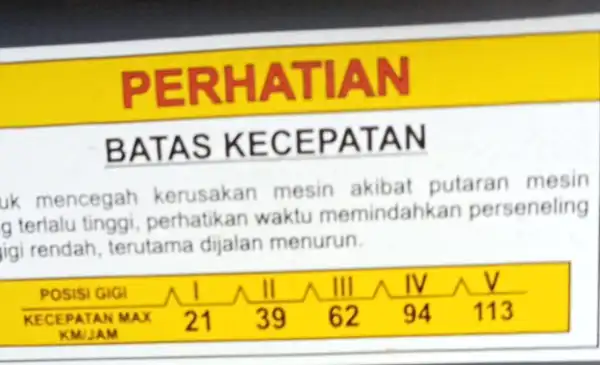 PER HATIAN BATAS KECEPATAN uk mencegah kerusakan mesin akibat putaran mesin g terlalu tinggi perhatikan waktu memindahkan perseneling igi rendah, terutama dijalan menurun.