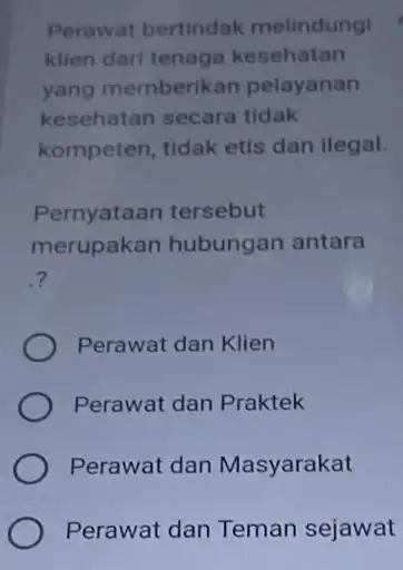 Perawat bertindak melindungi klien dari tenaga kesehatan yang memberikan pelayanan kesehatan secara tidak kompeten, tidak etis dan ilegal. Pernyataan tersebut merupakan hubungan antara ?