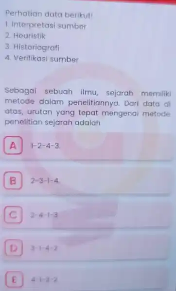 Perhatian data berikut! 1. Interpretasi sumber 2. Heuristik 3. Historiografi 4. Verifikasi sumber Sebagai sebuah ilmu sejarah memiliki metode dalam penelitiannya Dari data di