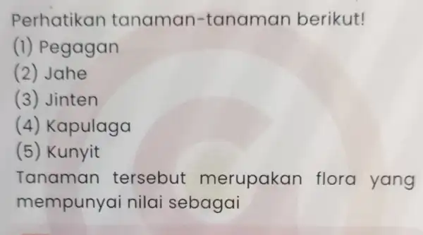 Perhatikan tanaman -tanaman berikut! (1)Pegagan (2) Jahe (3) Jinten (4)Kapulaga (5) Kunyit Tanaman tersebut merupakan flora yang mempunyai nilai sebagai