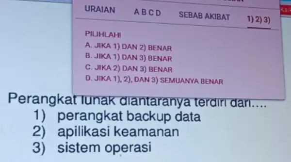 PILIHLAH! A. JIKA 1) DAN 2) BENAR B. JIKA 1) DAN 3) BENAR C. JIKA 2) DAN 3)BENAR D. JIKA 1), 2)DAN 3) SEMUANYA